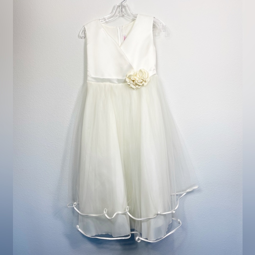 Kid's Dream White Formal Dress with Floral Accent